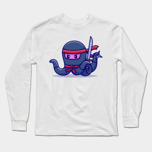 Cute Octopus Ninja Holding Sword Cartoon Long Sleeve T-Shirt